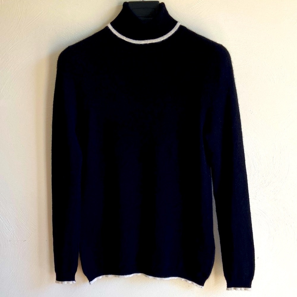 Black Cashmere Sweater with White Trim M